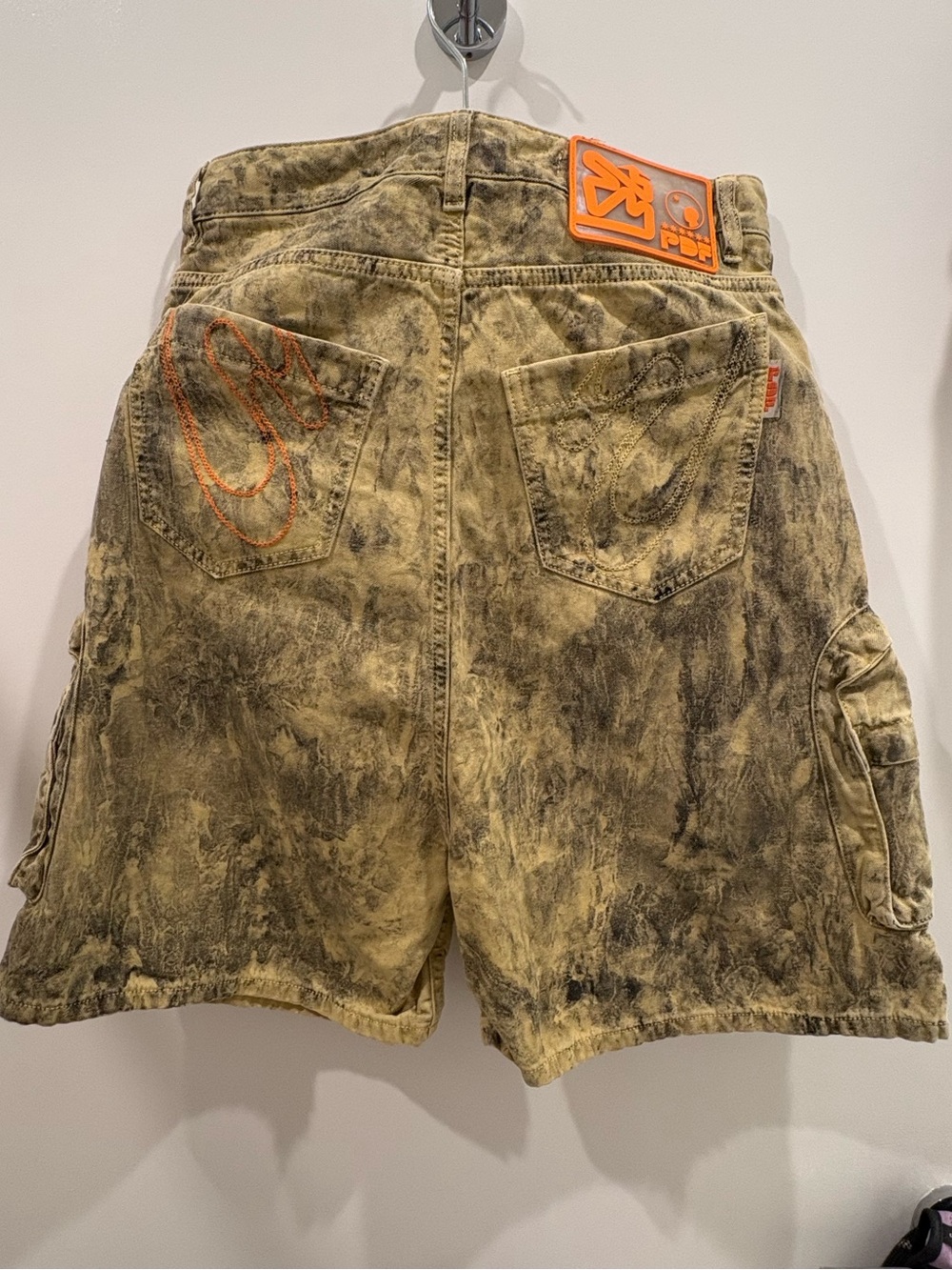 PDF CHANEL Men's Washed Khaki Cargo Shorts with Orange EMBROIDERED Accent